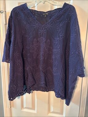 Coco + Carmen Navy Embroidered Eyelet Short Sleeve Top